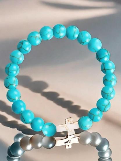 1Pc Christian Gifts for Her, Cross Bracelet for Women Girls, Beaded Bracelet, Easter Gifts for Girls Faith Religious Easter Catholic Christian Jewelry, Meaningful Communion Baptism Gifts for Girls Healing Natural Stone Bracelets