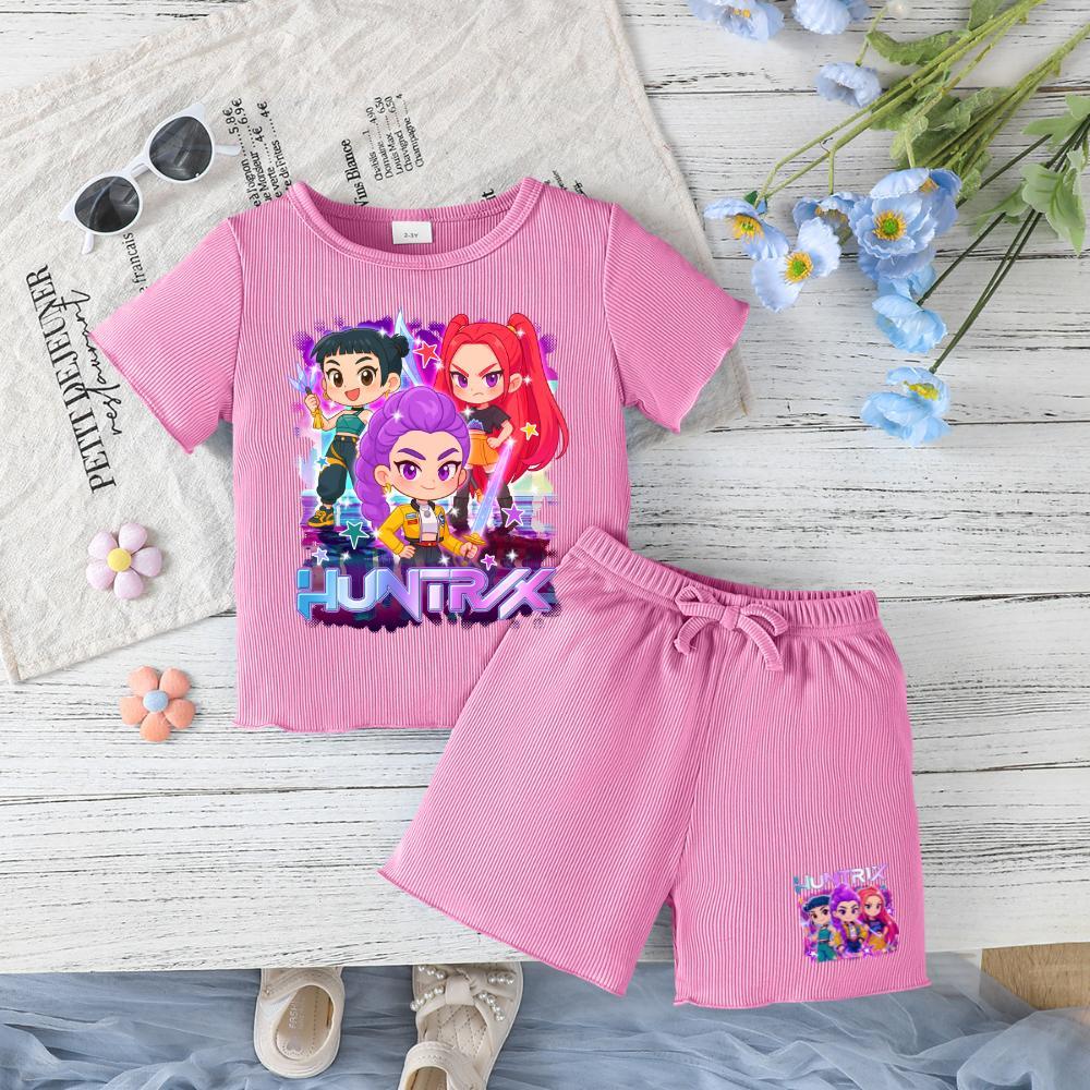 Toddler Girls Outfit Purple Graphic Print Short Sleeve T-Shirt & Shorts Set for Spring Summer Fall Casual Wear