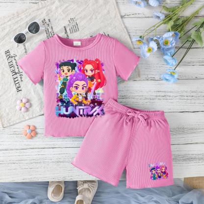 Toddler Girls Outfit Purple Graphic Print Short Sleeve T-Shirt & Shorts Set for Spring Summer Fall Casual Wear