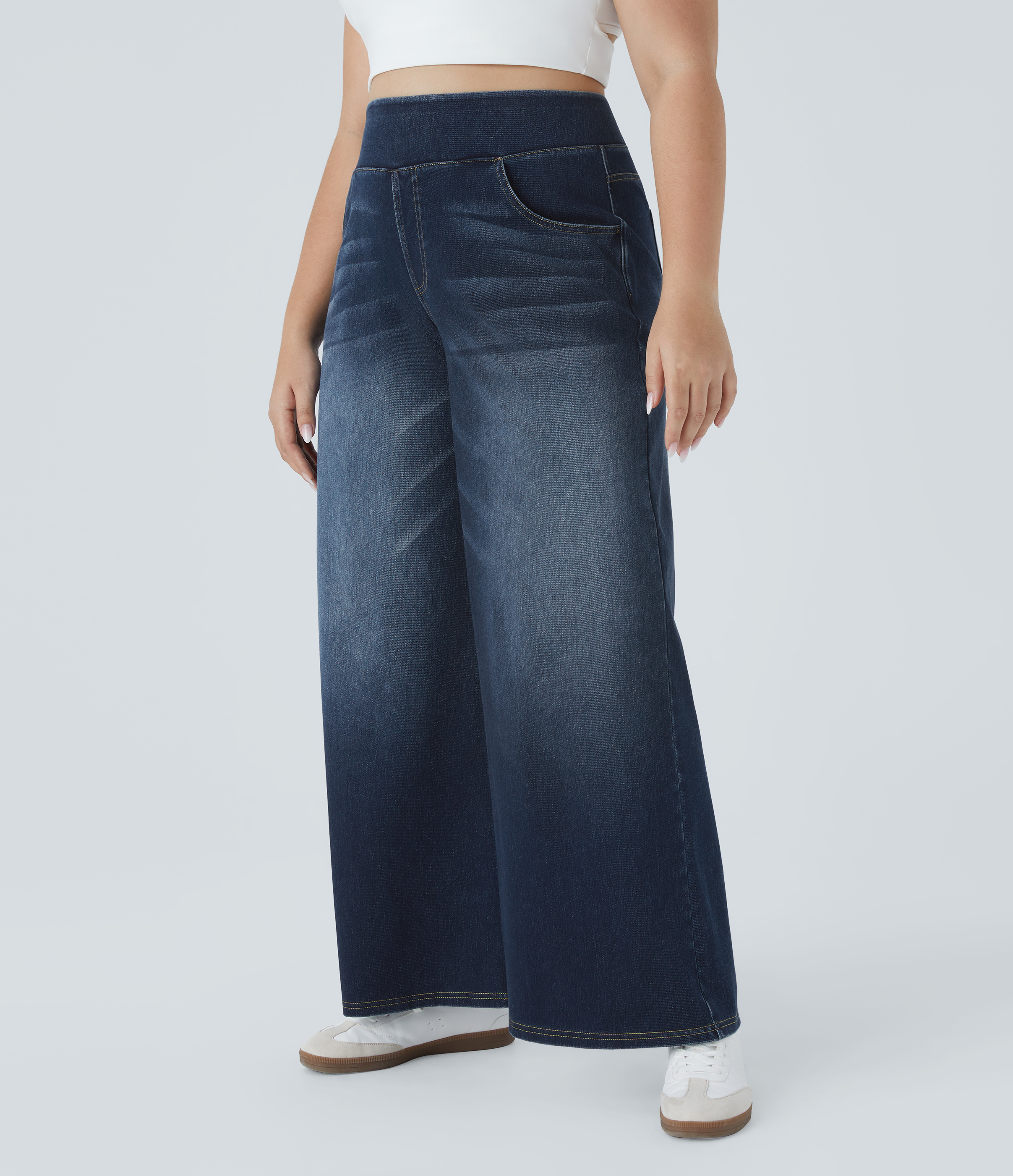 FlexHigh Waisted Pockets Baggy Wide Leg Washed Casual Plus Size Jeans