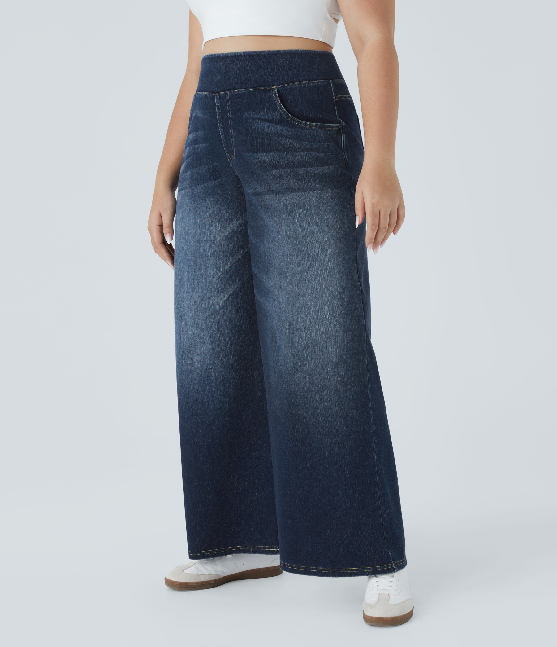 FlexHigh Waisted Pockets Baggy Wide Leg Washed Casual Plus Size Jeans