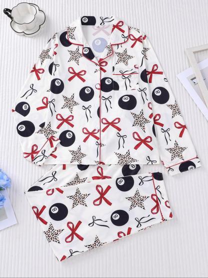 Women's 2-Piece Sleepwear Set, Holiday Party Pajamas, Long Sleeve Button-Down Soft Top and Loose Elastic Pants, Casual Home Wear