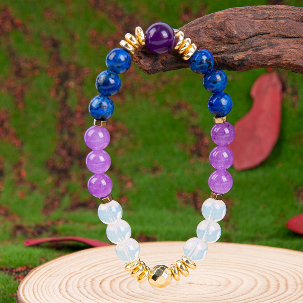 1pc Amethyst And Opal Crystal Elastic Bracelet, Stylish Bohemian Gem Accessories For Career Wealth, For Luck And Prosperity, , Brings Serenity & Luck