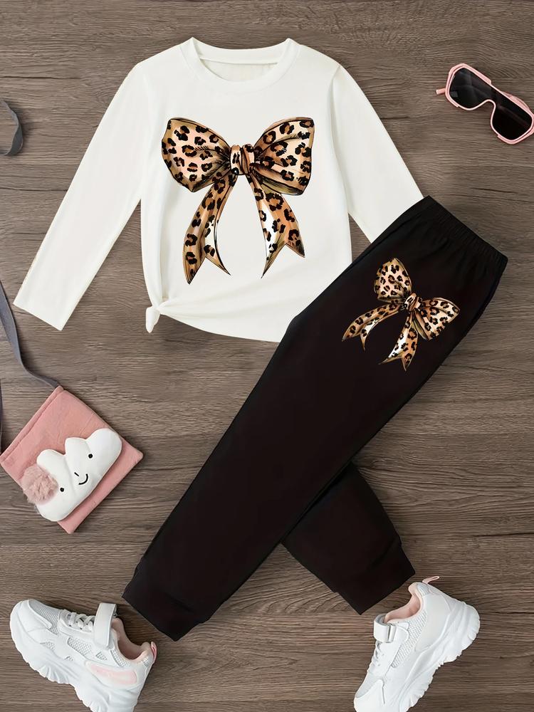 Girls' Leopard Print Bow Long Sleeve T-Shirt & Sweatpants Casual Outfit Set, Spring & Fall Fashion, Comfortable Kids Clothing Gift