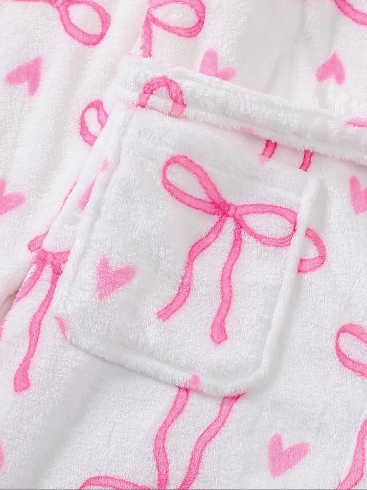 Women's Plush Flannel Robe, Butterfly Knot Print, Soft Comfortable Long Sleeve V Neck, Winter Fitted Home Wear, Holiday Party, Loungewear