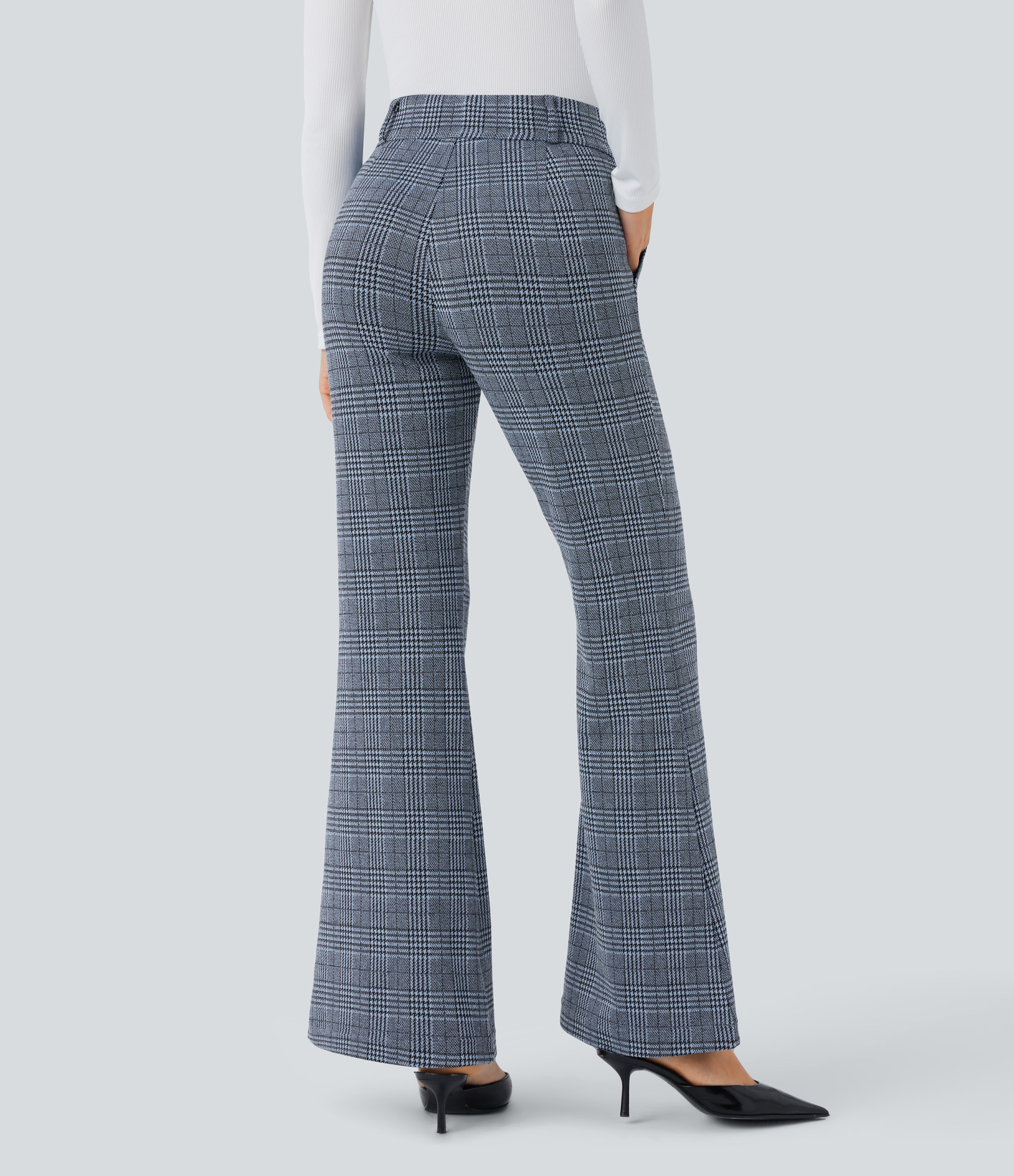FlexHigh Waisted Decorative Pocket Houndstooth Plaid Work Flare Pants