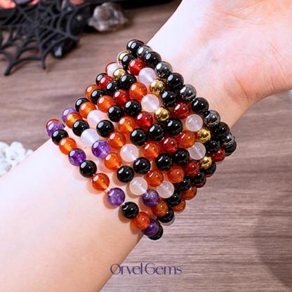 Halloween Protection Crystal Beaded Bracelet – Natural Stone Amethyst Black Onyx Hematite Tigers Eye Agate 8mm beads – Spiritual Grounding, Negative Energy Cleansing, Gift for Women, Men, Friends, Family, Halloween Party, Witchy Jewelry, Protection Amulet