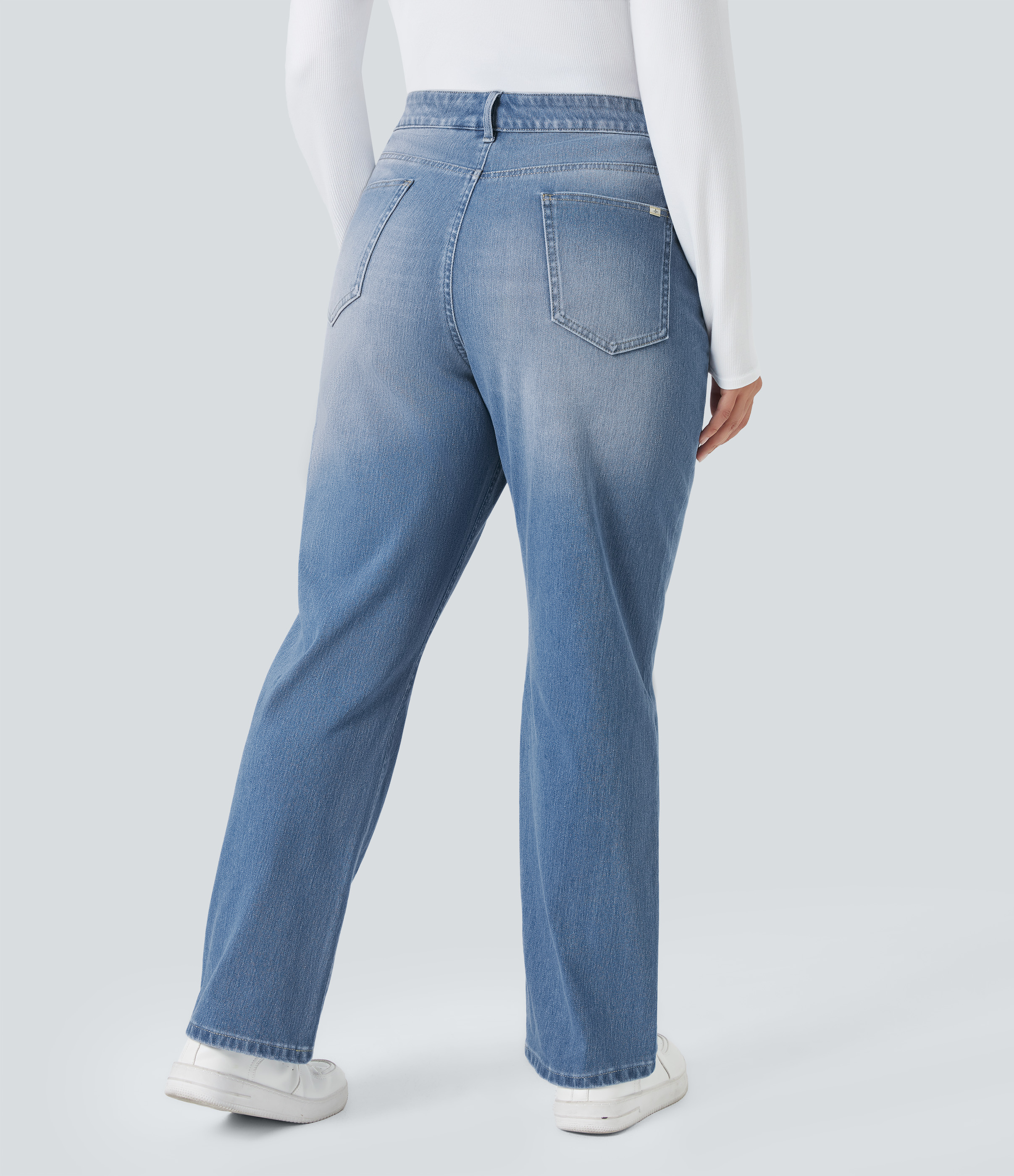 FlexHigh Waisted Pockets Straight Leg Washed Casual Plus Size Jeans