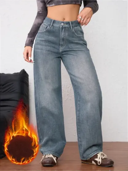 Women's Vintage Fleece-Lined Thickened Fall Winter Wide Leg Jeans, Elegant Comfortable Casual Trendy Straight Washed Denim Pants