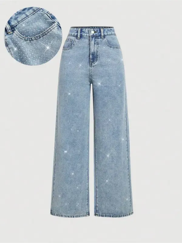 Women's Elegant High-Waisted Wide-Leg Jeans, Fitted Woven Fabric, Rhinestone Embellished, All-Season Fashion Pants