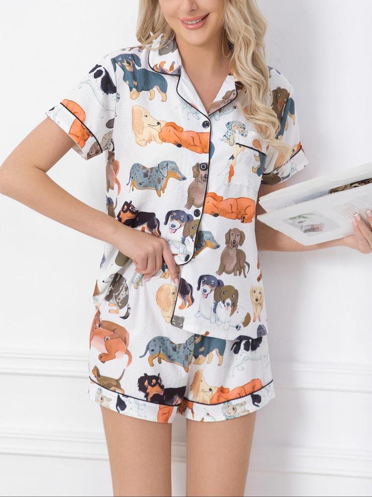 Two-Piece Set Women's Dog Print Lapel Neck Button Front Shirt & Elastic Waist Shorts Textured Pyjama, Casual Comfy Short Sleeve Pocket Top & Shorts PJ Set, Ladies Summer Sleepwear