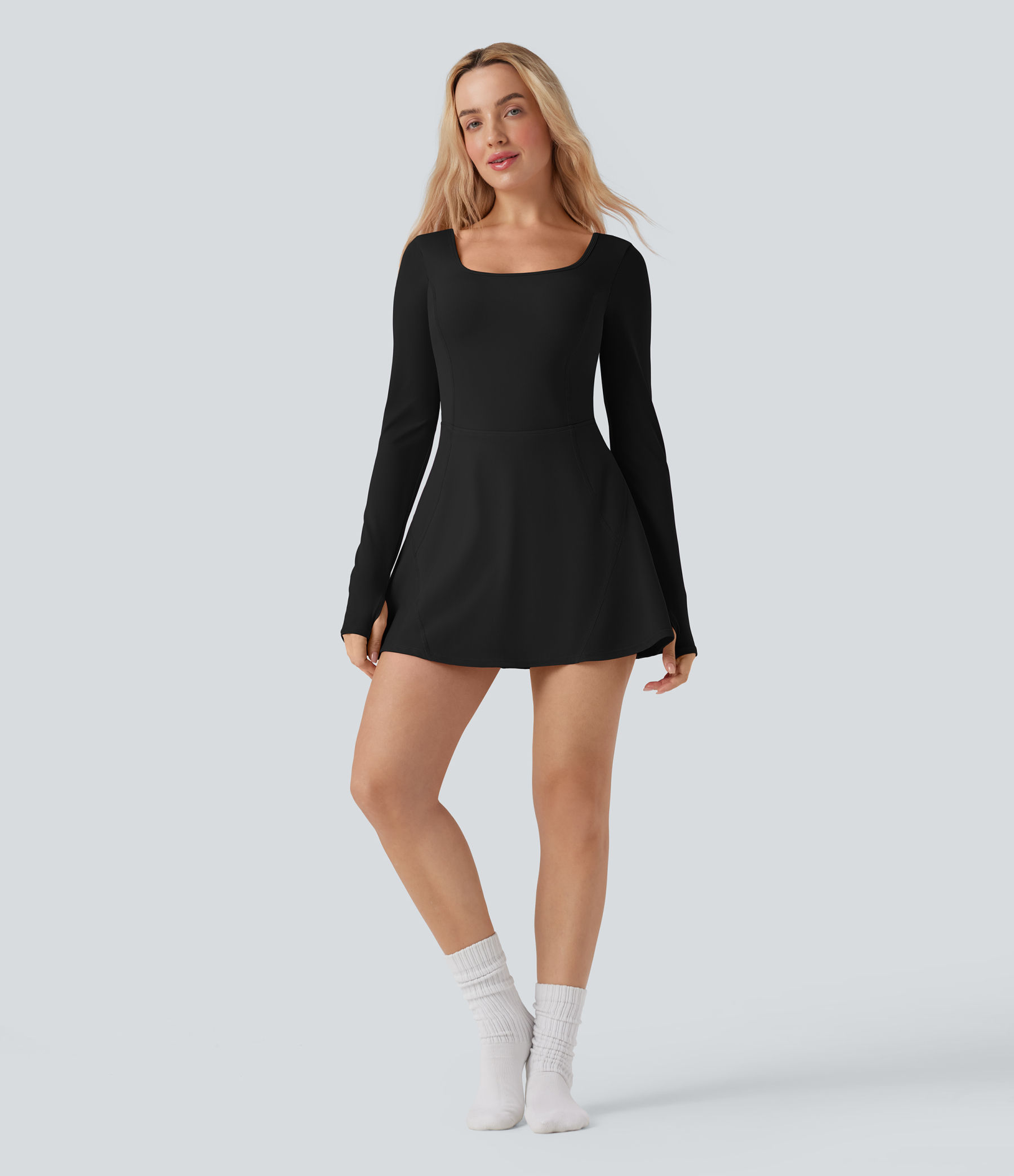 SoftlyZeroAiry U Neck Long Sleeve Thumb Hole 2-in-1 Cool Touch Mini Dance Active Dress with Pockets-Easy Peezy