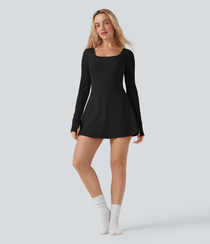 SoftlyZeroAiry U Neck Long Sleeve Thumb Hole 2-in-1 Cool Touch Mini Dance Active Dress with Pockets-Easy Peezy