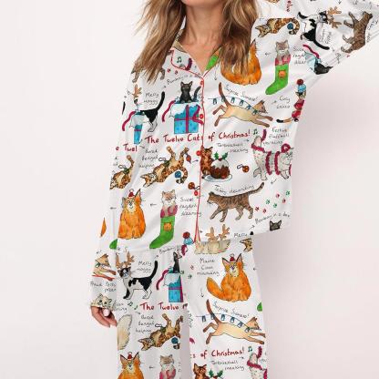 The Twelve Cats Of Christmas Satin Pajama Set For Women Print Comfy Satin Sleepwear & Loungewear Pjs Printing Silky Top & Bottoms - SHESHOW