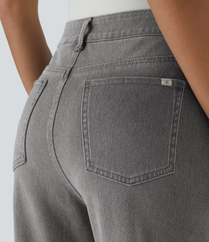 FlexHigh Waisted Zipper Pockets Washed Casual Jeans