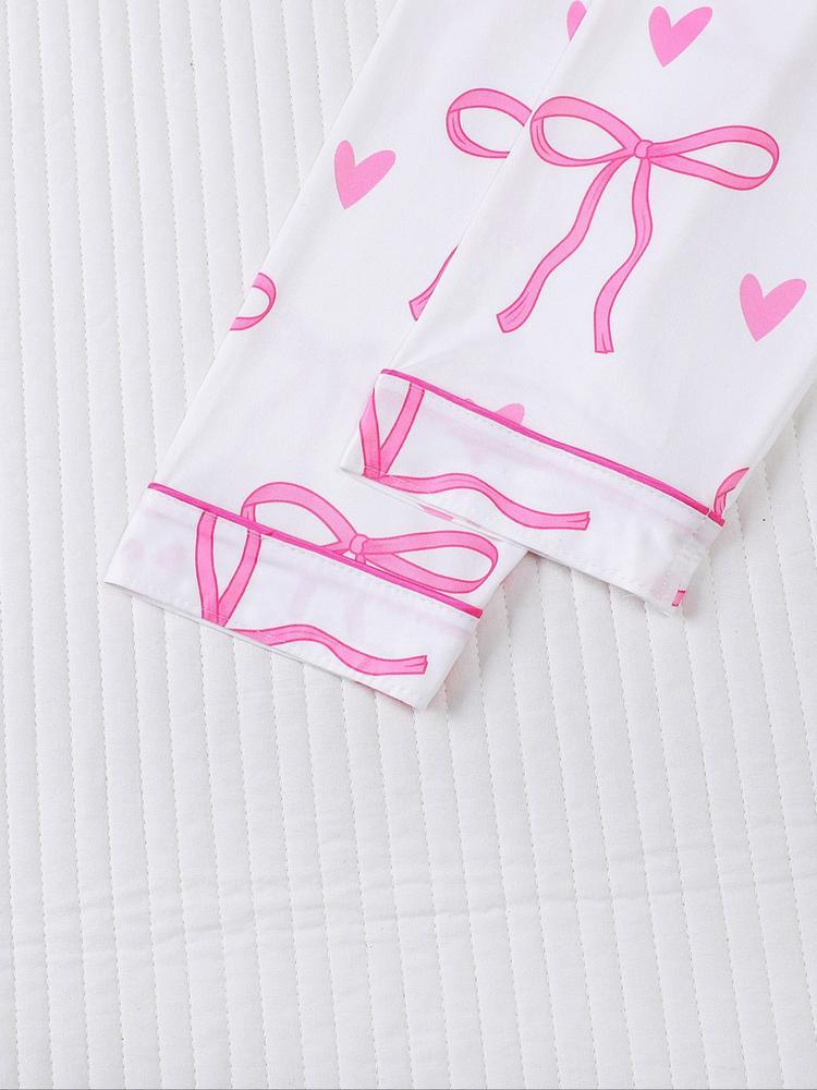 Women's 2-Piece Pajama Set, Bowknot Print, Holiday Party Sleepwear, Soft Shirt Collar Top & Elastic Pants, Casual Home Wear
