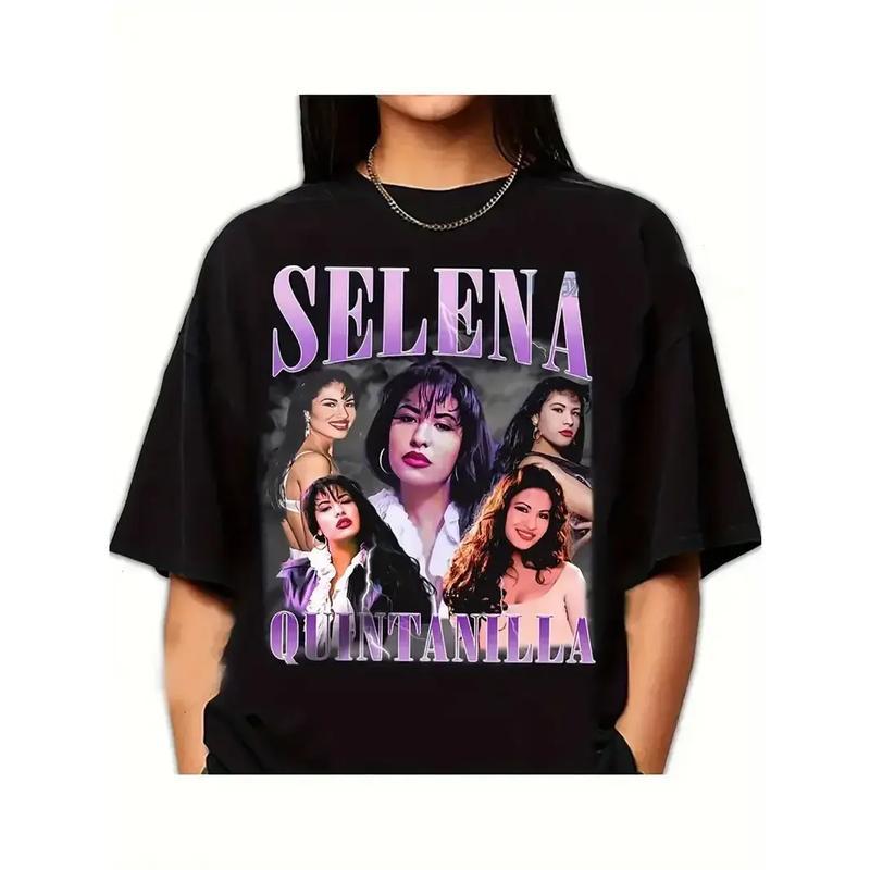 Selena Graphic Print T-Shirt - Women's Casual Short Sleeve Top, Black with Purple Lettering & Vintage Photos, Spring/Summer Fashion Essential, Selena Quintanilla Tribute Tee, Selena T Shirt