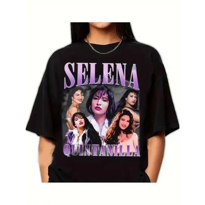 Selena Graphic Print T-Shirt - Women's Casual Short Sleeve Top, Black with Purple Lettering & Vintage Photos, Spring/Summer Fashion Essential, Selena Quintanilla Tribute Tee, Selena T Shirt
