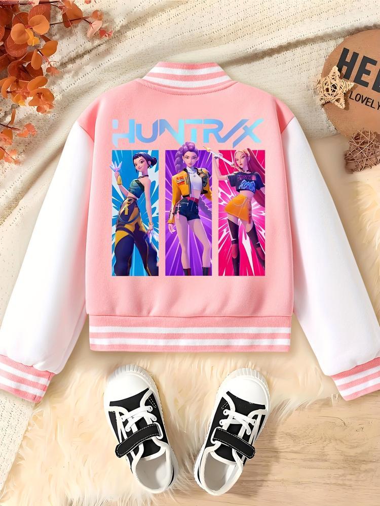 Girls Halloween Christmas Short Baseball Jacket, Casual Sports School Uniform, Elastic Fabric, Youth Fashion, Fall Winter Outerwear