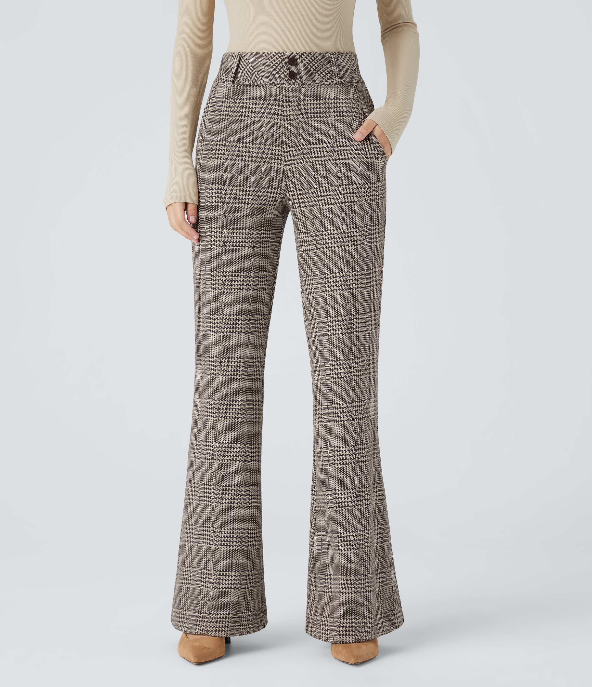 FlexHigh Waisted Decorative Pocket Houndstooth Plaid Work Flare Pants
