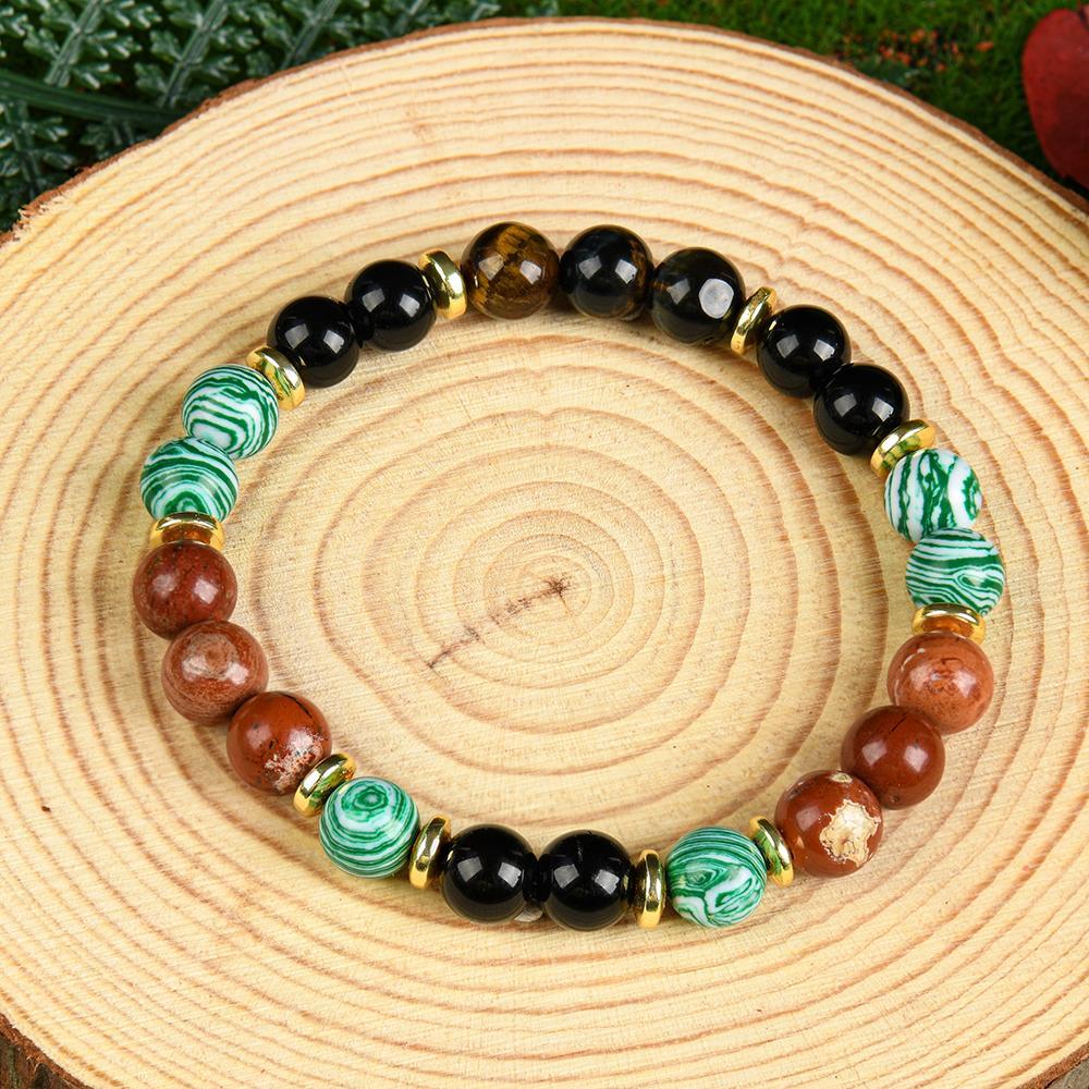 1pc Wealth Attraction Crystal Money Attraction Bracelet With Natural Stones - Malachite, Red Tiger Eye, Redstone, Elastic Fit For Prosperity And Abundance, Ideal Gift For Family And Friends