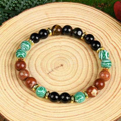 1pc Wealth Attraction Crystal Money Attraction Bracelet With Natural Stones - Malachite, Red Tiger Eye, Redstone, Elastic Fit For Prosperity And Abundance, Ideal Gift For Family And Friends