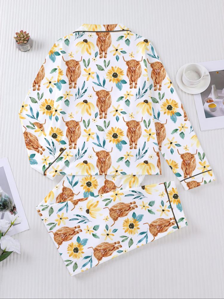 Women's Long Sleeve Sleepwear Set, Highland Cow & Sunflower Print, Soft Fabric, Elegant Casual, Comfortable Flap Collar Top