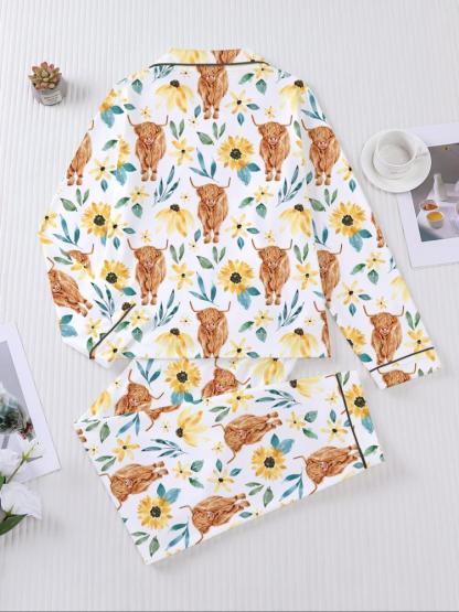 Women's Long Sleeve Sleepwear Set, Highland Cow & Sunflower Print, Soft Fabric, Elegant Casual, Comfortable Flap Collar Top