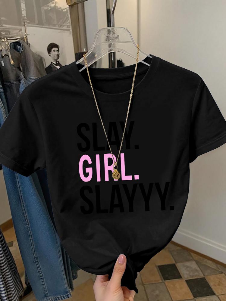 Girls Summer Fashion Creative Letter Print Short Sleeve T-Shirt, Outdoor Casual Comfortable Wear, Fitted Style, Moderate Fabric Thickness Graphic Tee