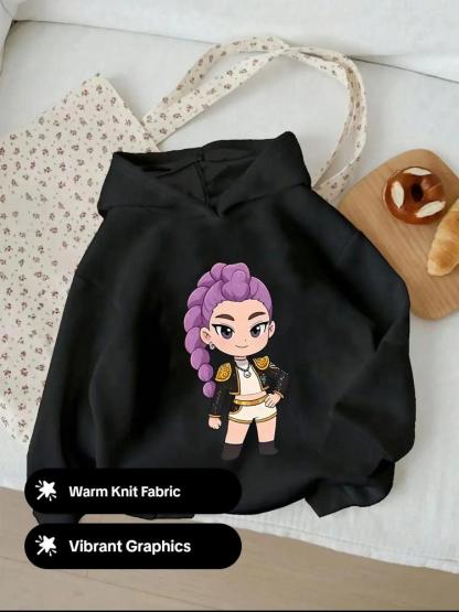 Girls' Kpop Hunter Series Hoodie, Long Sleeve Cartoon Print Pullover, Casual Comfortable Spring & Fall Fashion, Fitted Style, Graphic Casual Hoodie