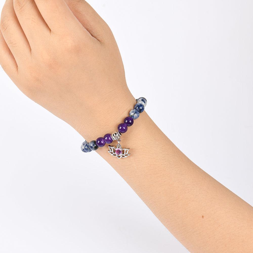ARPURRAINA Beaded Bangle With Yoga Lotus Charm Natural Stone Crystal Jewelry Blue Bracelet Elastic Band Chakra Protection Encouragement Gift