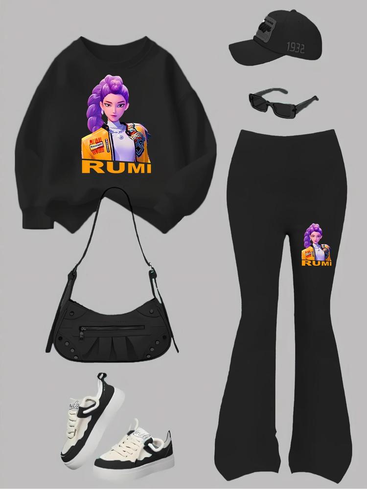 Anime Character Print Hoodie & Elastic Waist Pants Set, Casual Fitted for Girls, Spring & Fall Outdoor Indoor Activities