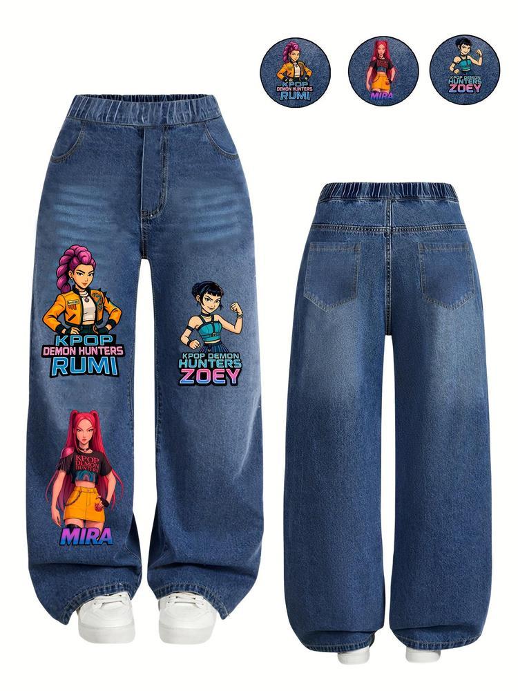"hunters' Girl" Printed Denim Jeans for Girls, Cute Portrait Design, Trendy Streetwear for Ages 8-12, Perfect for Young Fashionistas
