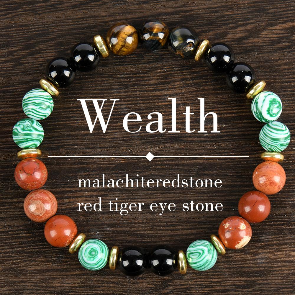 1pc Wealth Attraction Crystal Money Attraction Bracelet With Natural Stones - Malachite, Red Tiger Eye, Redstone, Elastic Fit For Prosperity And Abundance, Ideal Gift For Family And Friends