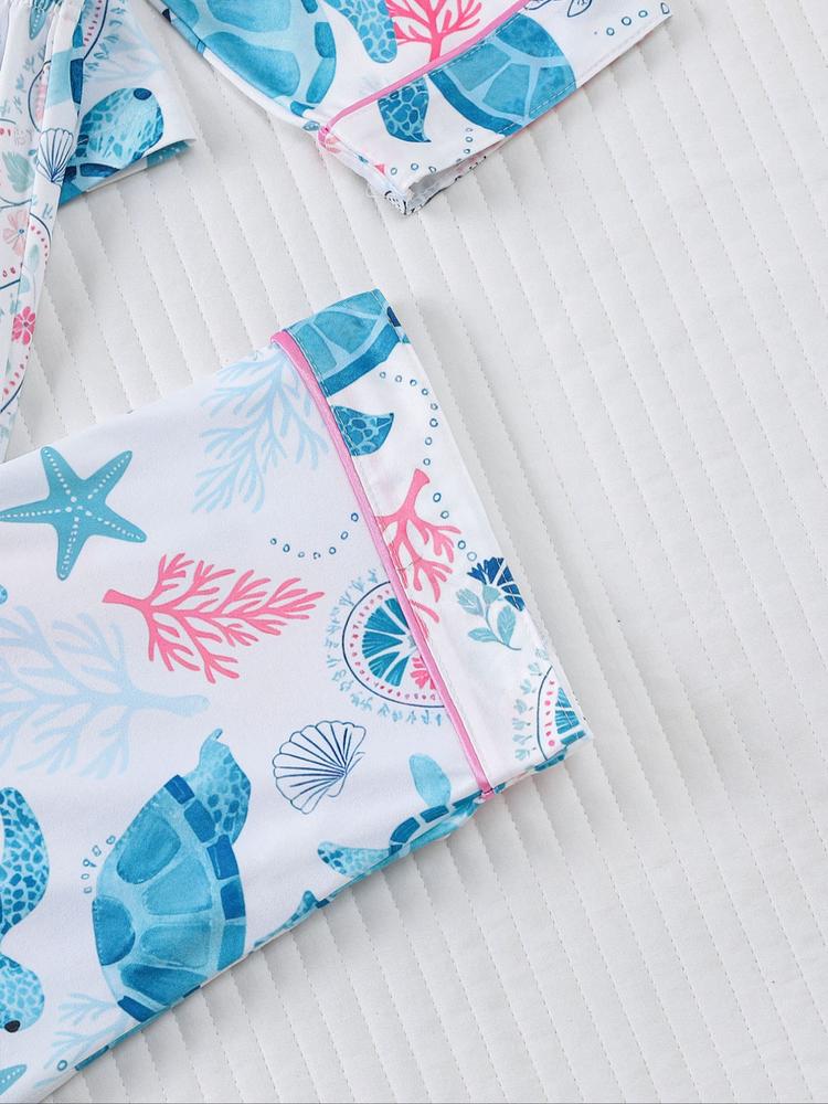 Women's 2-Piece Sleepwear Set, Turtle Print, Casual Fitted Long Sleeve Shirt & Elastic Pants, Soft Comfortable Home Wear Pajamas