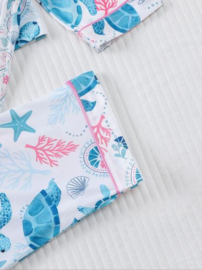 Women's 2-Piece Sleepwear Set, Turtle Print, Casual Fitted Long Sleeve Shirt & Elastic Pants, Soft Comfortable Home Wear Pajamas