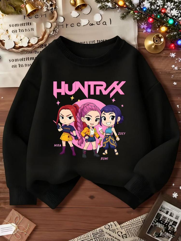 Kpop-Hunter Girl Group Anime Cartoon Print, Elastic Fabric, Girls' Casual Sports Wear, Youth Outdoor & Indoor Activities Hoodie