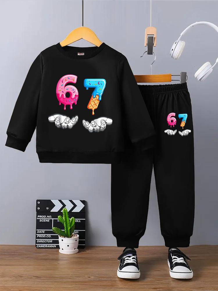 Boys' Spring & Fall Casual Sweatshirt Set, Creative Six Seven67 Christmas Series, Round Neck Long Sleeve Top + Comfortable Pants
