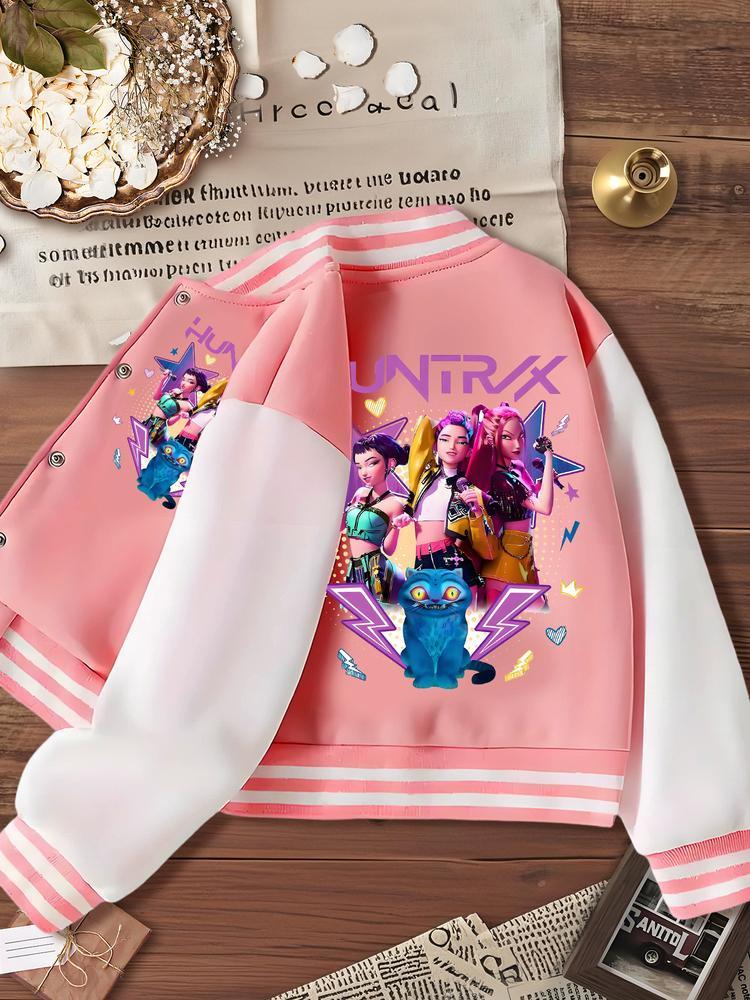 Halloween Girls Short Baseball Jacket, Casual Sports School Uniform, Elastic Fabric, Youth Fashion, Fall & Winter Outerwear, Casual Comfy Jacket