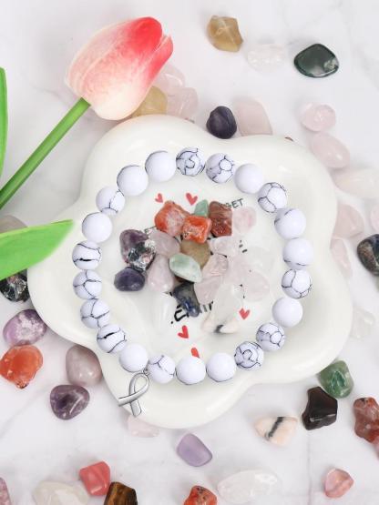 Cancer Survivor Gifts for Men Women, Breast Cancer Awareness Bracelets, Healing Natural Stone Beaded Bracelets, Inspirational Bracelets Gifts for Men Women
