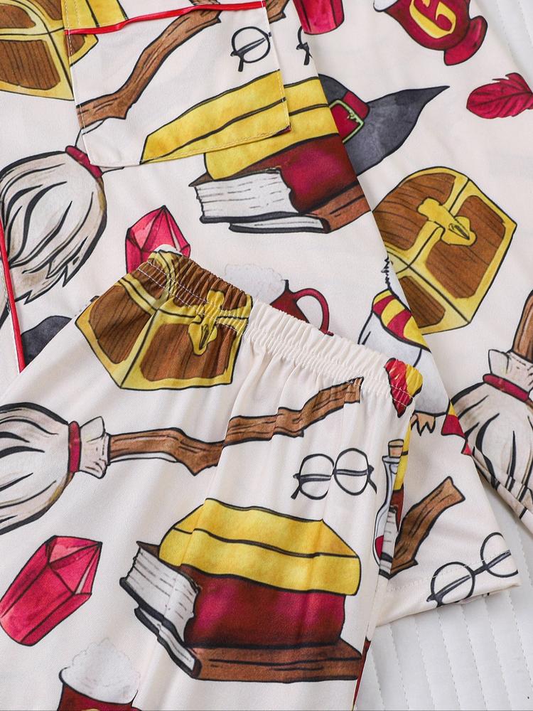 Women's 2-Piece Pajama Set, Magic Theme All-Over Print, Soft Shirt Collar Top & Elastic Pants, Casual Home Wear for Fall Winter