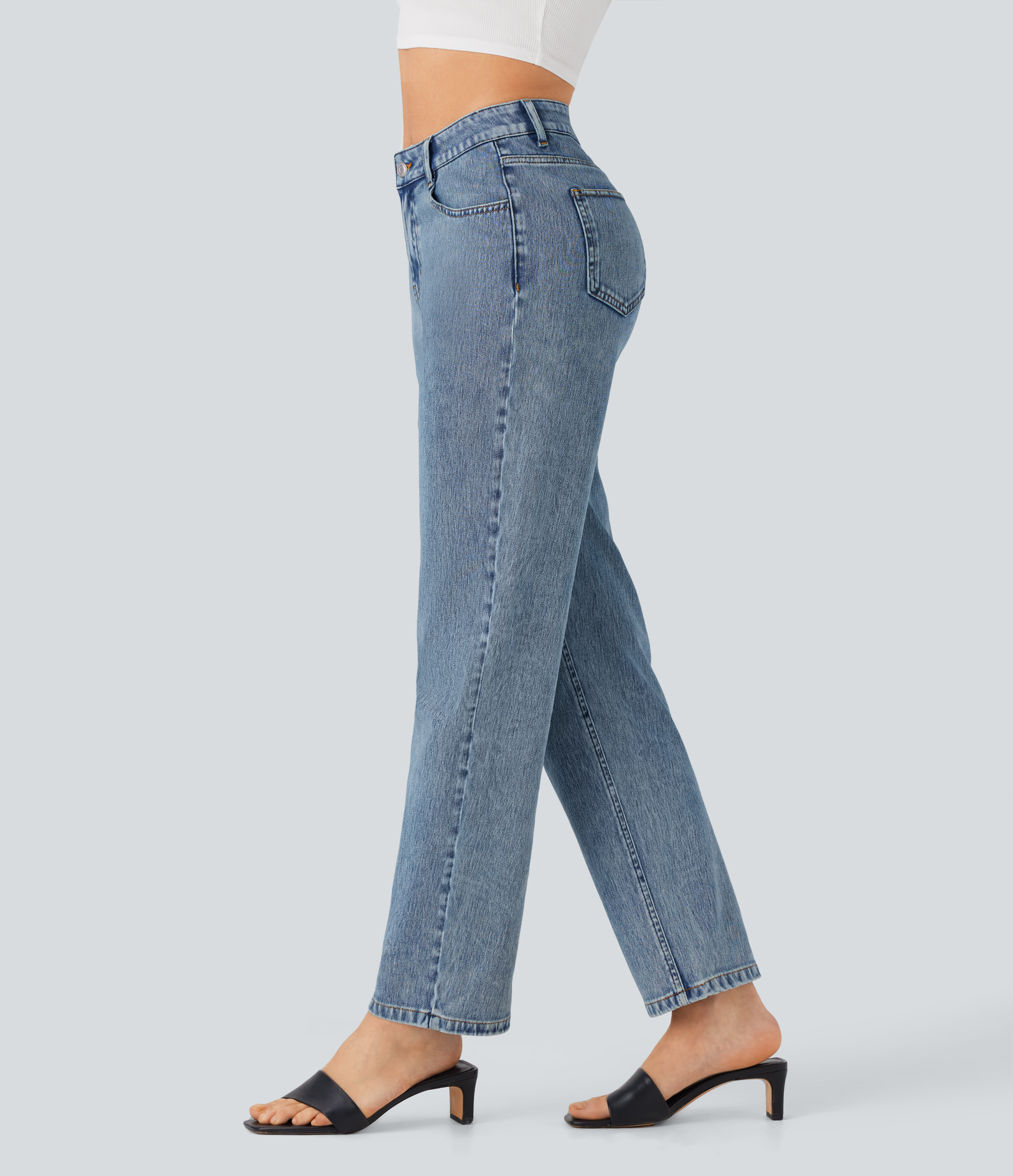 FlexHigh Waisted Zipper Pockets Straight Leg Casual Jeans