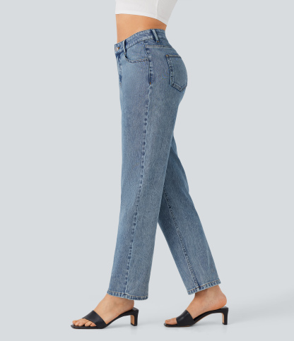 FlexHigh Waisted Zipper Pockets Straight Leg Casual Jeans