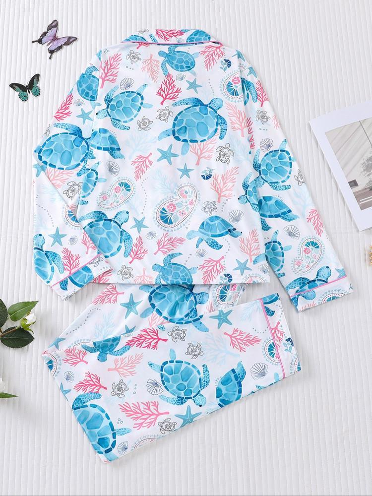 Women's 2-Piece Sleepwear Set, Turtle Print, Casual Fitted Long Sleeve Shirt & Elastic Pants, Soft Comfortable Home Wear Pajamas