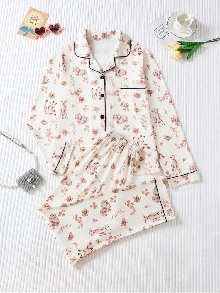 Two-piece Set Women's All Over Dog Print Lapel Neck Button Front Pajama Set, Casual Comfy Long Sleeve Top & Pants Pj Set, Women's Sleepwear for Spring & Fall