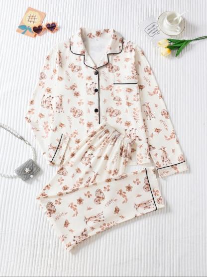 Two-piece Set Women's All Over Dog Print Lapel Neck Button Front Pajama Set, Casual Comfy Long Sleeve Top & Pants Pj Set, Women's Sleepwear for Spring & Fall