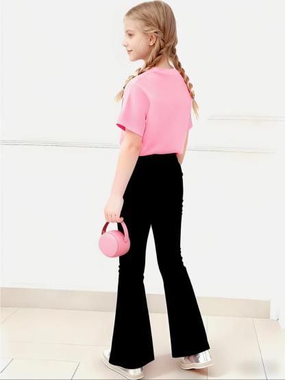 Girls' Kpop Print 2-Piece Set, Casual Sporty Short Sleeve & Bell Bottoms, Comfortable Elastic Waist Pants, Spring Summer