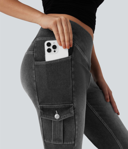 FlexMid Rise Crossover Denim Bootcut Casual Leggings with Pockets