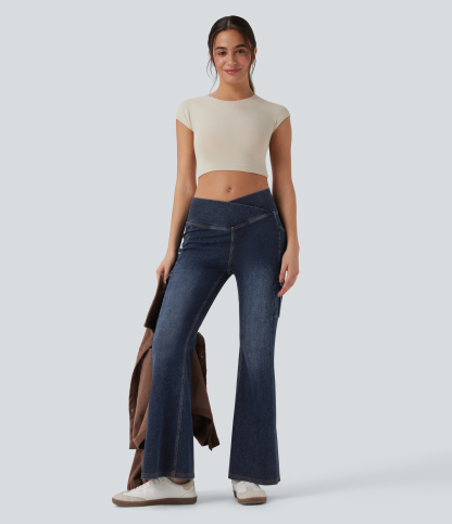 FlexMid Rise Crossover Denim Bootcut Casual Leggings with Pockets