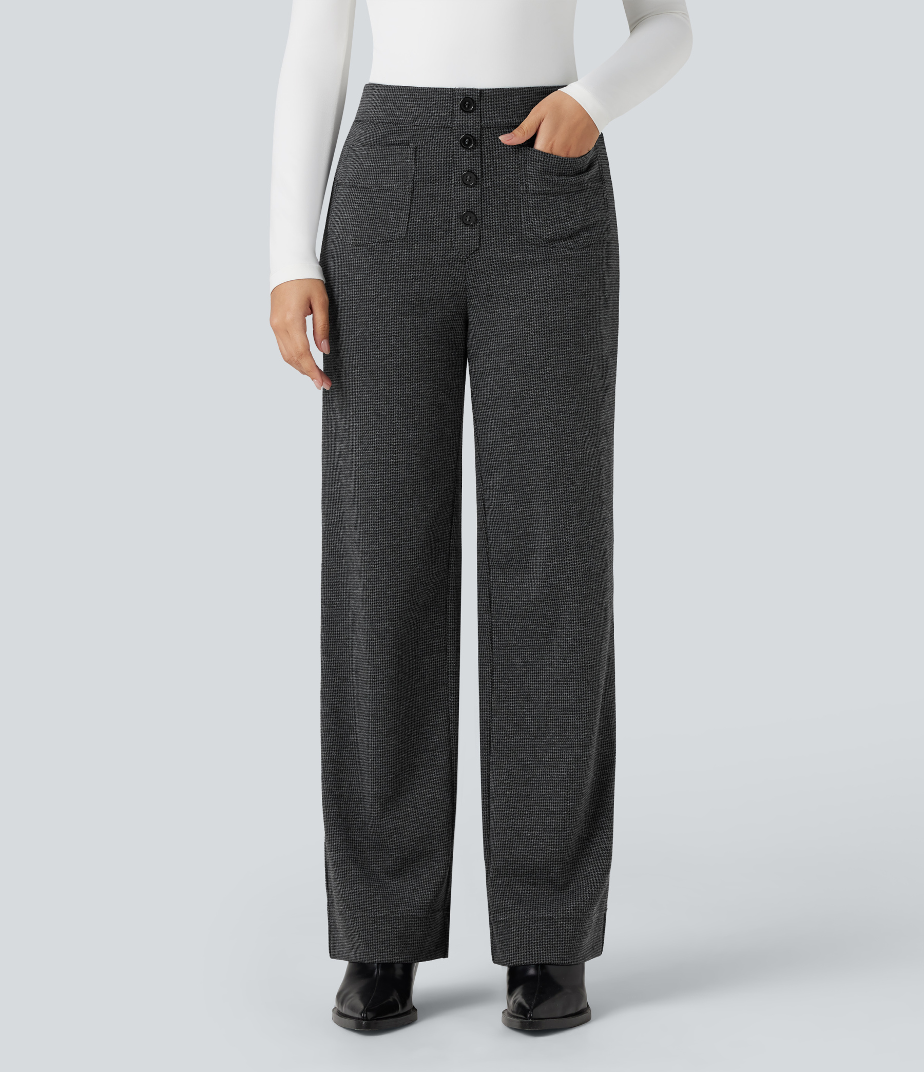 FlexHigh Waisted Houndstooth Straight Leg Work Pants with Pockets